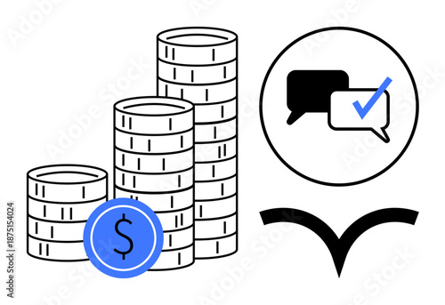 Canvas Print Stacked coins, monetary symbol, chat dialog with checkmark, and upward curve