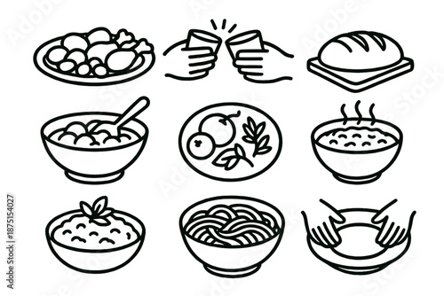 Communal Dining Icons. Communal Dining set in outline vector style : shared platter, clinking cups, bread loaf, communal bowl, serving spoon, fruit spread, herb garnish, warm dish