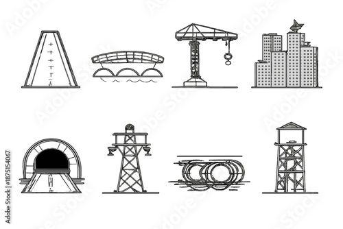 Infrastructure Icons Grid. Infrastructureset in outline vector style road, bridge, crane, building, power line, tunnel, pipeline, water tower