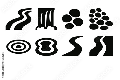 Brutalist Riverside Icons. Riverside Water Elements icon set in silhouette bold style. Contain flowing river, waterfall, pebble cluster, stone bank, water ripple, small pond, stream curve, river edge