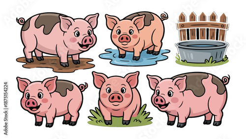 Playful Piglets: A delightful illustration featuring several adorable piglets in various playful poses, exuding charm and cuteness, with a touch of rural life.