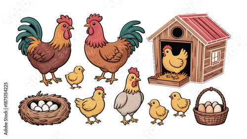 Farm Life: A charming illustration depicts the lively essence of farm life, showcasing chickens of various types alongside a coop and a nest brimming with eggs.