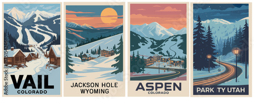 Ski Resort Travel Poster – Colorado Utah Wyoming Snowy Mountains Illustration