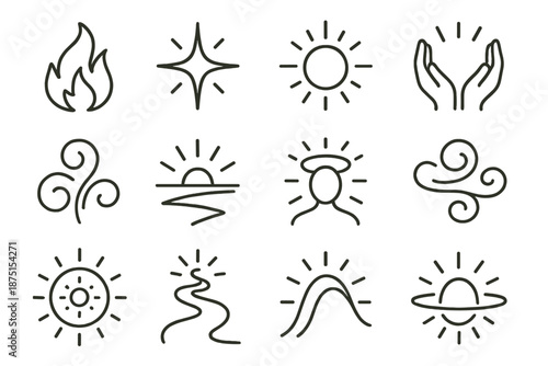 Icons of Ethereal Essence. Spirit set in outline vector style: rising flame, guiding star, glowing orb, uplifted hands, swirling essence, open horizon, radiant