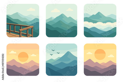 Isometric Scenic Icons. Scenic views set in isometric flat vector : panoramic viewpoint, layered peaks, cloud inversion, sunset glow, distant birds, calm sky
