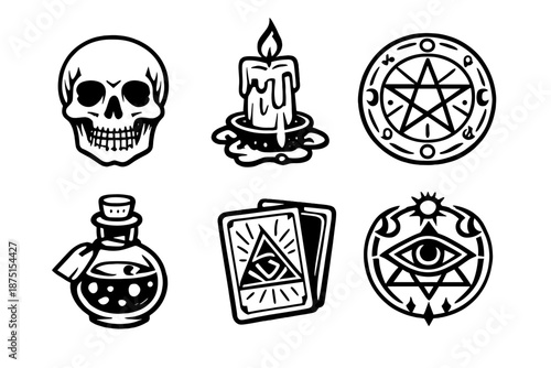 Arcane Symbols & Icons. Mystic horrorset in outline vector style skull, occult candle, magic circle, potion bottle, tarot card, arcane symbol
