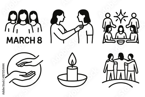 Women's Day Celebration Icons. March 8 Women’s Celebration Community Themes set in outline vector style: group silhouettes, caring gesture, shared table setting