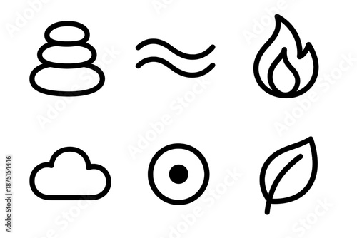 Symbols of Wellbeing. Psychologist wellbeing set in outline vector style: balanced stones, breath wave, gentle flame, soft cloud, centered dot, serene leaf