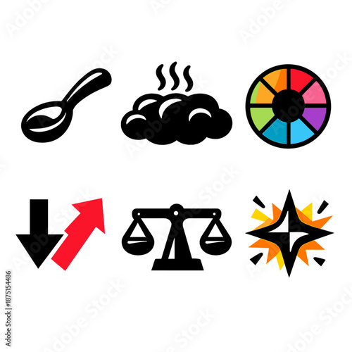 Flavor Exploration Icons. Flavor exploration icon set in silhouette bold style. Contain tasting spoon, aroma cloud, flavor wheel, contrast arrows, balance scale, discovery spark