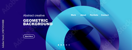 Abstract website mockup. Blue, purple gradients dominate design. Text highlights geometric background, navigation visible.