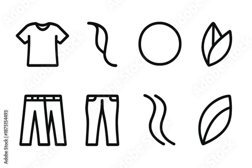 Stylish Twin Icons. Outfit Sync Style Pair set in outline vector style : twin outfit shapes, mirrored fabric curve, paired accent dot, soft glow orb, dual texture shard, subtle style line
