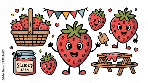 Strawberry Cartoon Scene: A cheerful composition of animated strawberries, a picnic table, a basket full of strawberries and other related items.
