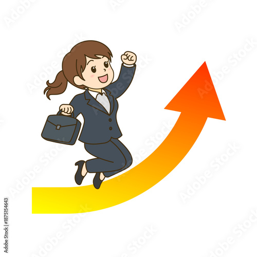 上昇する矢印の上をジャンプする笑顔のビジネスウーマンのベクターイラスト｜成功・ステップアップイメージ