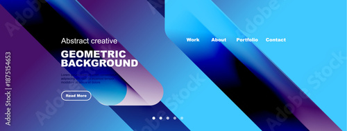 Abstract geometric background with text elements. Website header design featuring navigation options, blue gradients, modern style.