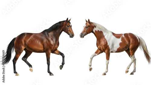 Two Brown and Pinto Horses Trotting Isolated on White Background