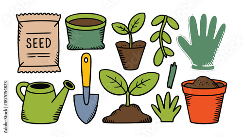 Gardening Essentials: A charming collection of gardening tools and young plants symbolizes the joy of cultivating life and nurturing growth.