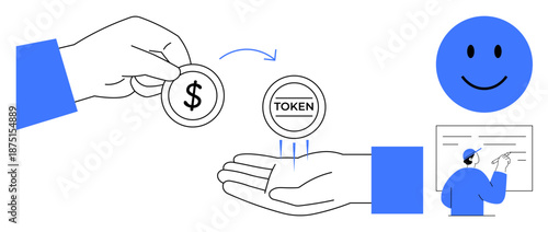 Token exchange. Tokens and cryptocurrency digital trade and payment systems. Token exchange focuses on efficient, secure transactions and blockchain technology. For fintech, e-commerce, blockchain