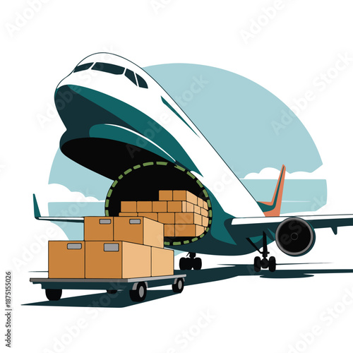 A vector graphic illustration of a cargo plane loading boxes on the tarmac