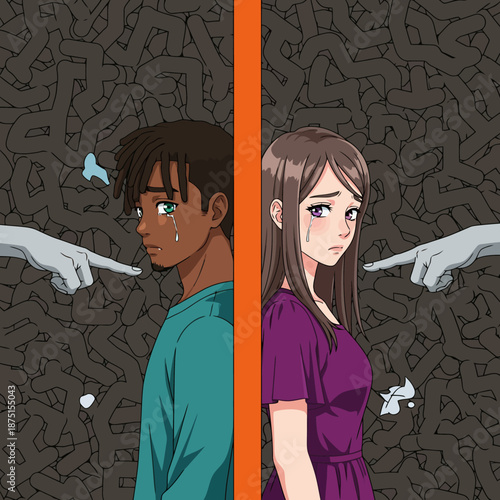 Couple in with accusing hands pointing