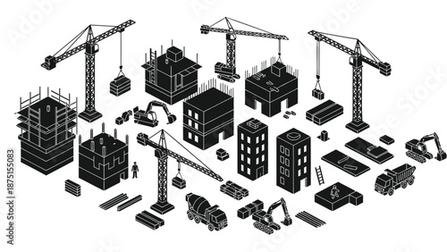 Black and white isometric illustration of a construction site with cranes, buildings, trucks, and workers, showcasing industrial architecture