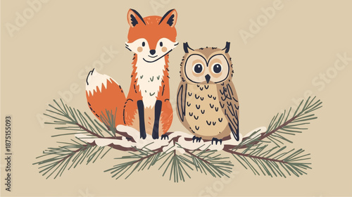 A charming illustration of a fox and an owl sitting on a snow-dusted pine branch against a warm background.