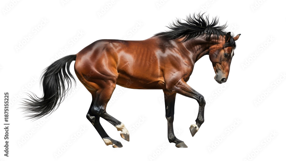 Obraz premium Graceful Bay Horse with Black Mane and Tail Trotting on White Background