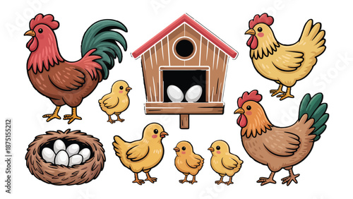Farmyard Friends: Charming illustration of rooster, hen, chicks, birdhouse, and nest create a cheerful scene, embodying the essence of rural life and domestic animal