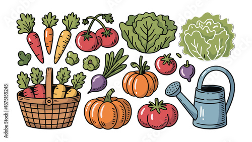 Harvest Bounty: A vibrant assortment of freshly picked garden vegetables and a watering can, embodying the essence of a thriving vegetable patch and nature's goodness.