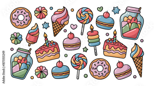 Sweet treats collage: A delightful assortment of colorful sweets, capturing the essence of a whimsical dessert world, tempting viewers with a feast of sugary delights.