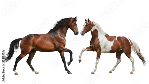 Two brown and white horses with raised hooves on white background