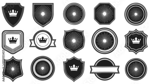 Collection of 15 black and white royal crest and shield icons with crowns and sunburst designs for luxury branding and emblems