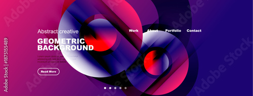 Abstract geometric background features vibrant purple, pink, blue hues. Website navigation includes work, about, portfolio, contact options.