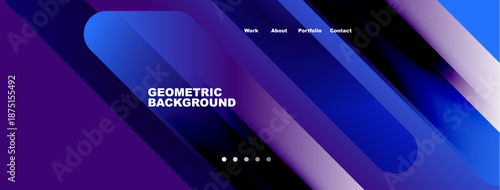 Abstract geometric background. Blue, purple gradients dominate design. Navigation links present work, about, portfolio, contact. Minimalist aesthetic.