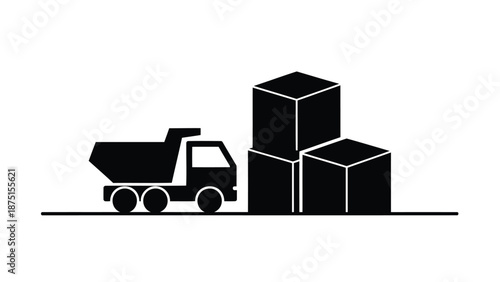 Black silhouette of a dump truck with three large boxes on a white background for industrial or construction concepts