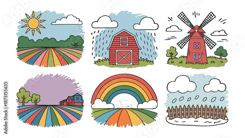 Farm Life Collection: A whimsical illustration captures the essence of rural life, featuring a series of vibrant scenes including fields, barn, windmill, and a rainbow.