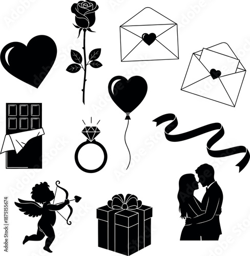 Black and white Valentine's Day including hearts, rose, envelopes, chocolate, ring, balloon, ribbon, cupid, gift, and kissing couple