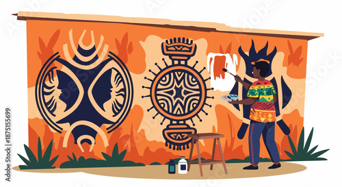 Illustrative Artist Painting African Tribal Mural On Exterior Wall