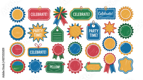 Vibrant Celebration Badges: A colorful collection of various badges and labels, perfect for celebratory events. Capturing the joy and festivity of special occasions.