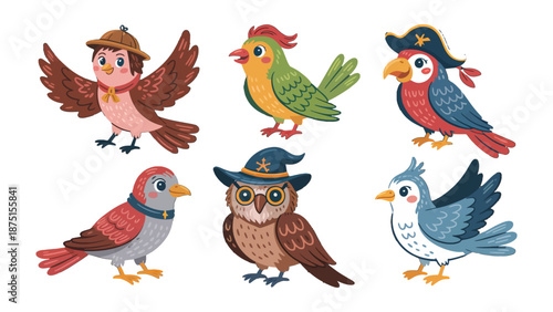 Whimsical Birds in Costume: A collection of six charming cartoon birds, each adorned in delightful costumes, bringing a touch of playful imagination and character to any creative project.