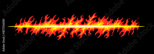 Vector illustration of red and yellow color flame border on black background. Flat style design of part of fire frame. Burning flame of line fire