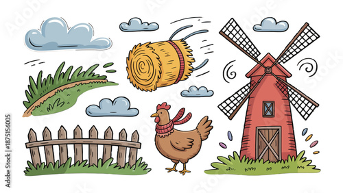 Rural Farm Cartoon: a charming scene, featuring a picturesque windmill, hay bale, chicken, cloud, grass and fence in a rural setting.