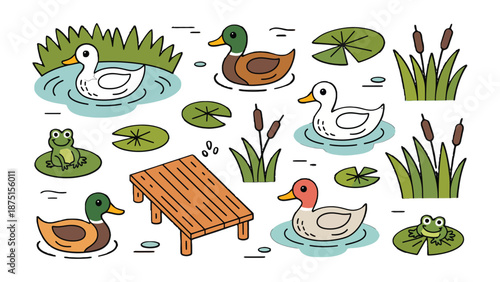 Ducks, Frogs, and the Pond: A vibrant illustration showcasing ducks swimming gracefully amidst lily pads in a tranquil pond, while cheerful frogs observe from nearby.