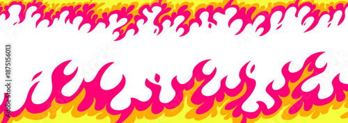 Vector set of red and yellow flame border on white background. Fire top and bottom. Illustration of burning flame. Flat style design of fire frame