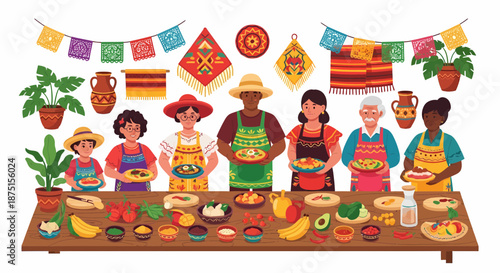 People Celebrating Traditional Mexican Cuisine And Colorful Decorations