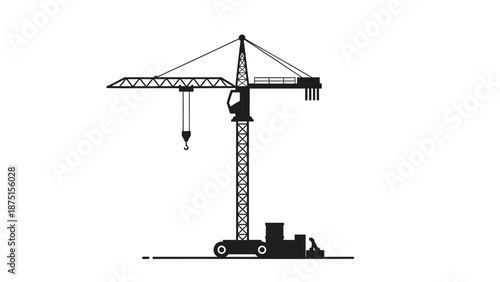 Mobile crane with hook and boom on truck for construction, industrial, and engineering applications in a black silhouette vector graphic
