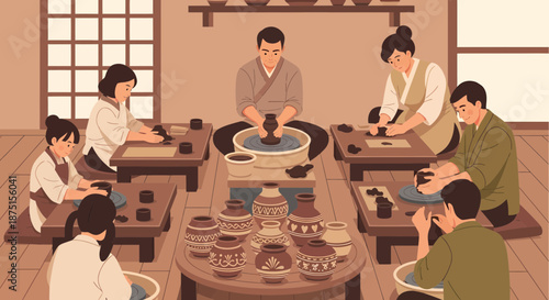 Pottery Workshop With People Creating Clay Vases In Studio