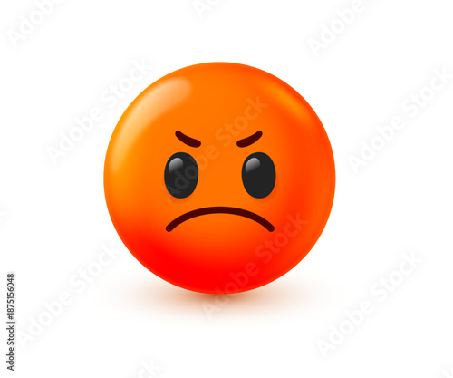 Vector illustration of red angry emoji face. 3d style design of serious emoticon. Frown emotion face. Funny mad character icon. Angry mood and dissatisfied facial expression