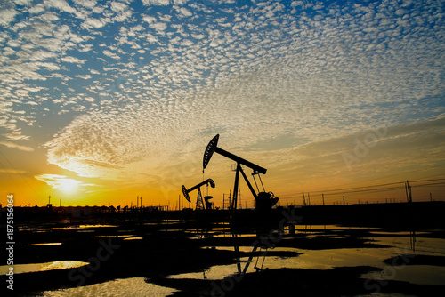 The oil pump, industrial equipment. Oil field site, oil pumps are running.