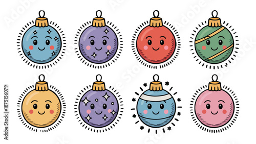 Festive Ornaments with Joyful Faces: A delightful collection of colorful ornaments, each adorned with a unique design and a cheerful face, symbolizing the joy and anticipation of the holiday season.