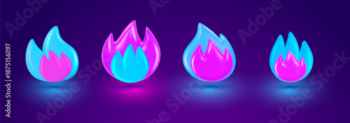 Vector set of purple and blue color glossy emoji fire. 3d style design of beautiful illustration of bonfire or campfire flame symbol. Collection of different burning flame of fire on dark background